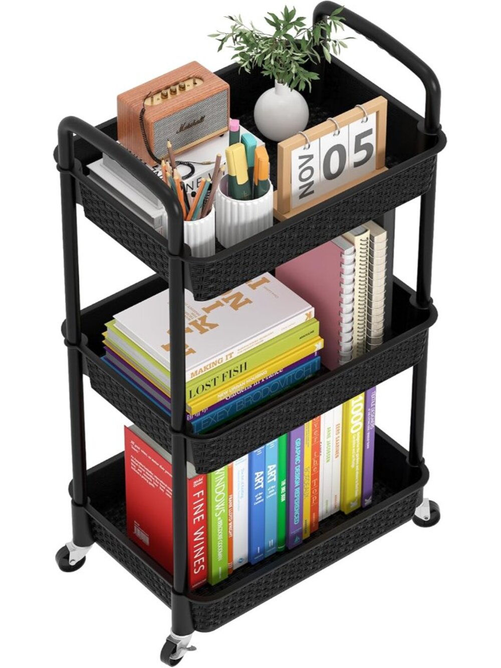 3-Tier Plastic Rolling Utility Cart with Handle,Black